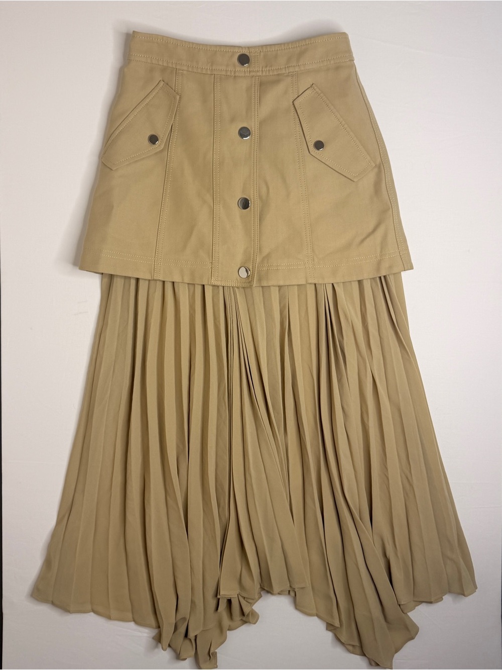 Veronica Beard Tan High-Low Pleated Skirt with Buttoned Waist Panel